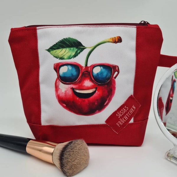 Kosmetiktasche Kirsche lustig | Schminktasche rot | Kulturbeutel handmade | Make-up Tasche Comic Frucht mit Sonnenbrille