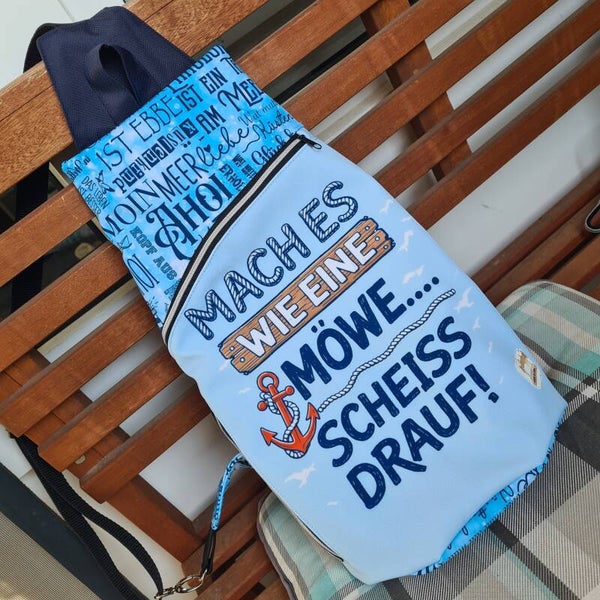 Slingbag Möwe Spruch „Mach es wie eine Möwe“ maritim Handmade Tasche Softshell Crossbody hellblau aqua Unikat