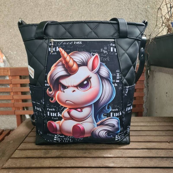 Freche Einhorn Schultertasche Damen Handmade | Wasserfeste Umhängetasche mit Sprüchen | Lustige Tasche Unikat Geschenk Frau