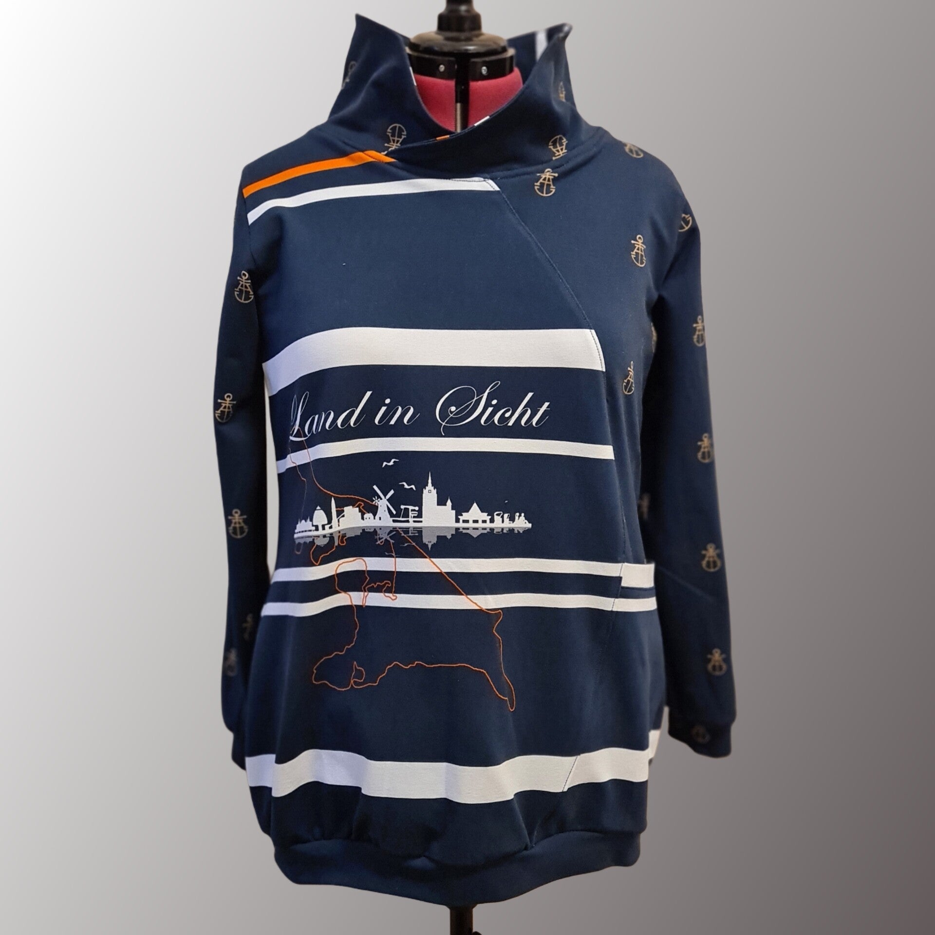 Einzigartiger Damen Hoodie Größe 44 – Motiv "Land in Sicht" – Handgefertigt & Individuell