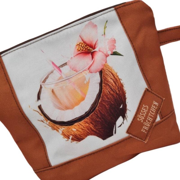 Kosmetiktasche Kokosnuss Cocktail | Schminktasche braun | Kulturbeutel handmade | Make-up Tasche tropisch Sommer