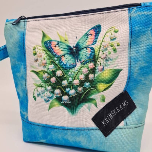 Kosmetiktasche Schmetterling blau | Schminktasche floral blau | Kulturbeutel handmade | Make-up Tasche Veilchen Motiv