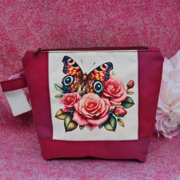 Kosmetiktasche Schmetterling Rosen pink – Make-up Tasche wasserabweisend, Beauty Bag stabil, Geschenk für Frauen, Organizer