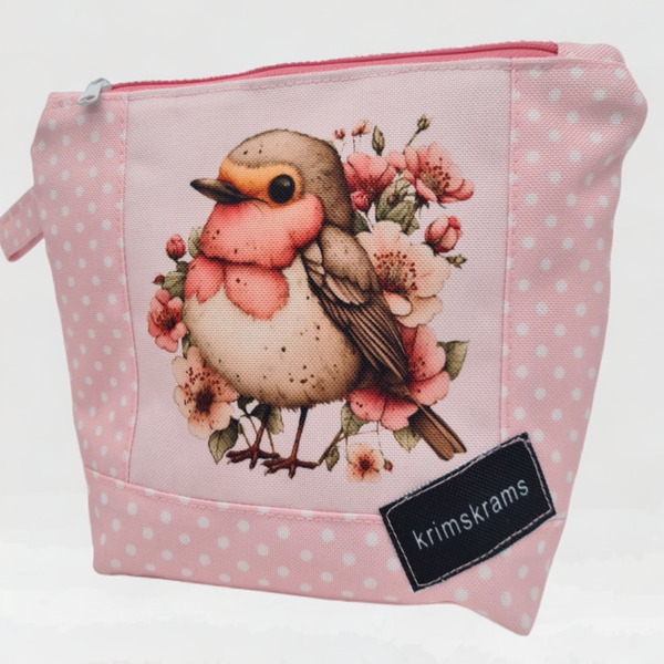 Kosmetiktasche Rotkehlchen floral | Schminktasche rosa Punkte | Kulturbeutel handmade | Make-up Tasche Vogel Blüten