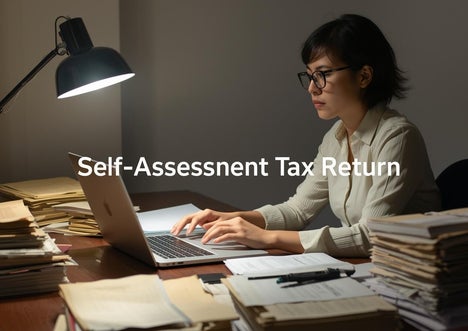An individual at a desk filling out UK Self-Assessment forms on laptop, surrounded by paperwork and tax guides, with overlay text ‘Self-Assessment Tax Return
