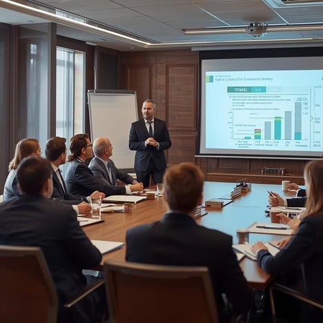 Company boardroom with directors listening to tax advisor presentation, documents on compliance strategy shown on projector