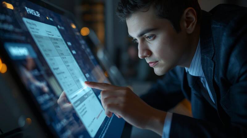 Employee reviewing payslip on digital screen, highlighting important sections like PAYE, NIC, pension”