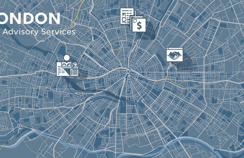 Map of London with tax-related icons (documents, calculators, handshake), highlighting zones of financial districts, labelled ‘London Tax Advisory Services