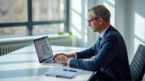 Modern UK office accountant checking invoices on laptop with VAT Return Filing Process.