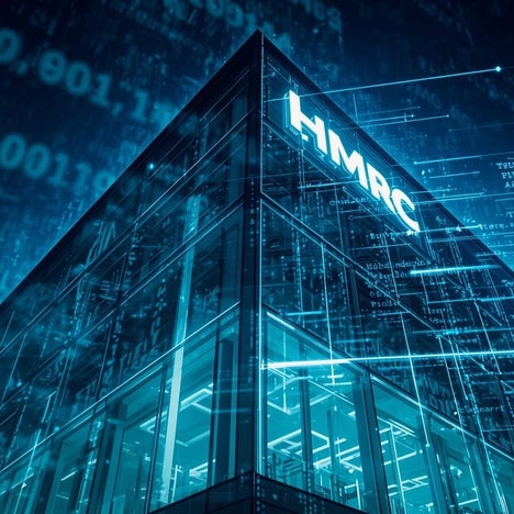 Stylised concept image of HMRC building in London with digital code overlay, symbolising corporate tax compliance and digitalisation