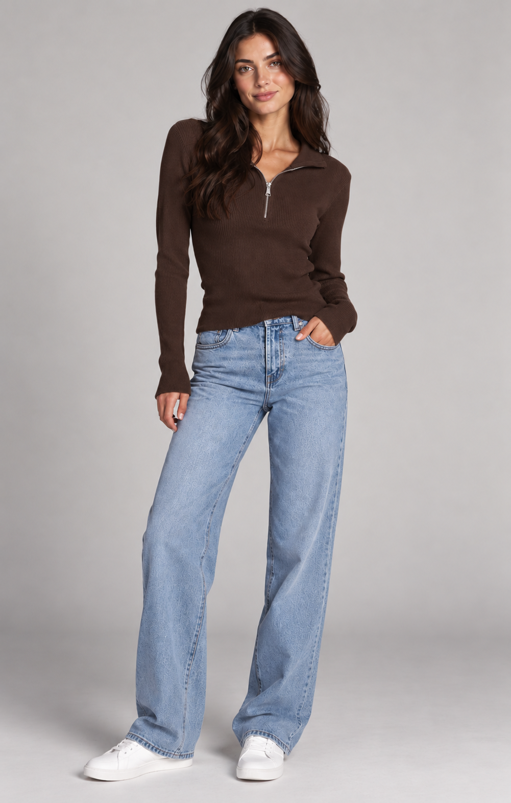 Ribbed zipped trucker neck sweater