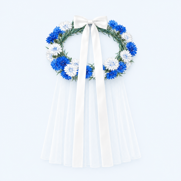 1 couronne voile communion avec un fond bleu pale