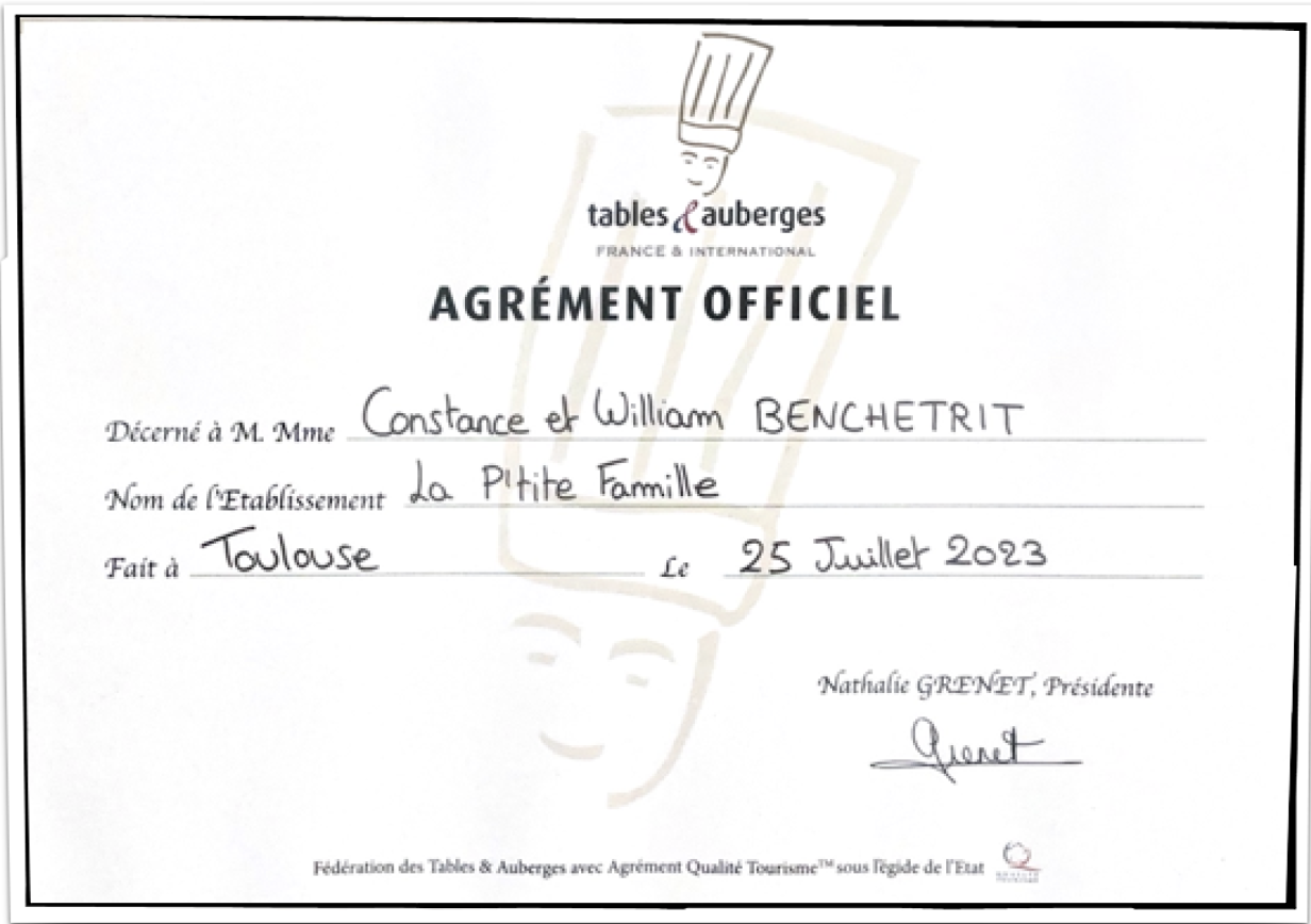 Certificat d'agrément officiel Tables et Auberges de France remis à W&Co Business Coaching