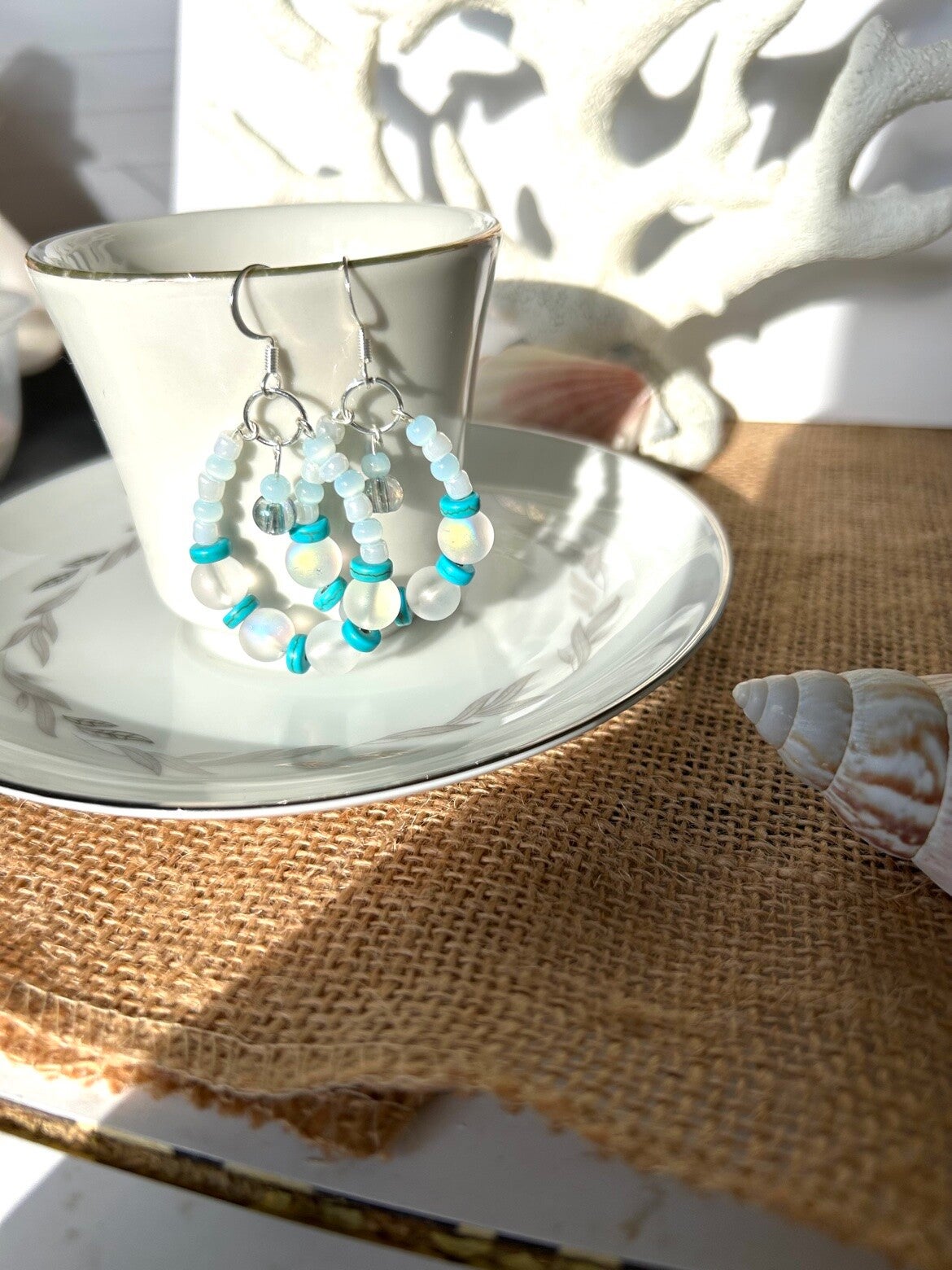 Opalite and turquoise beaded hoop earrings