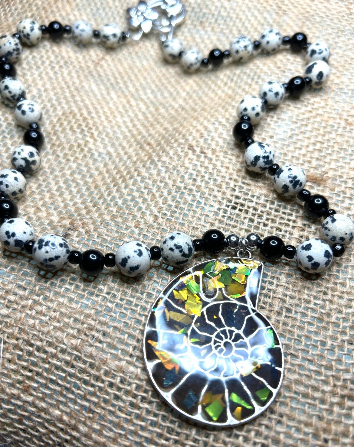 Dalmatian Jasper necklace with 2 inch abalone shell pendant