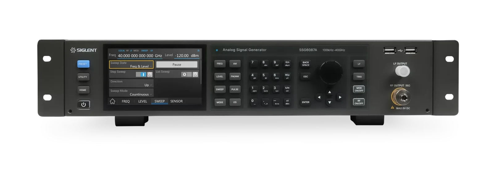 Siglent SSG6087A 40 GHz signal generator installed in the SSG6000A-RMK rack mount kit, rack ears both sides