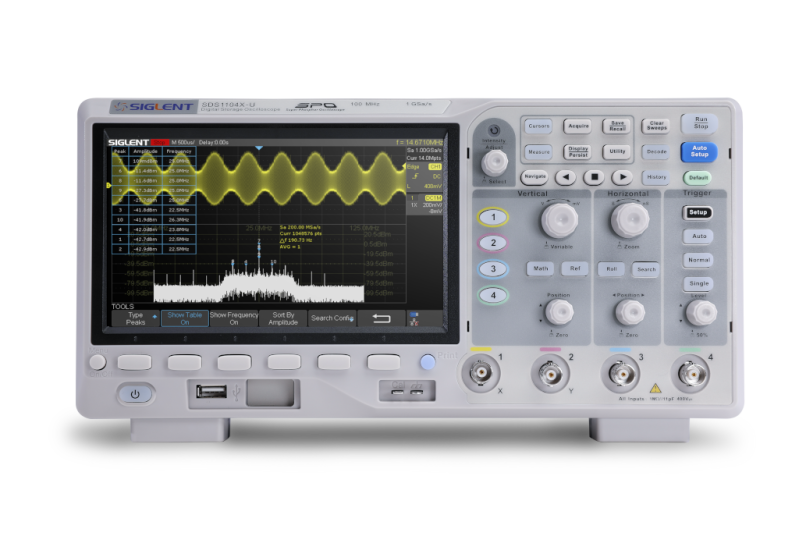 Front panel of the Siglent SDS1104X-U four-channel oscilloscope