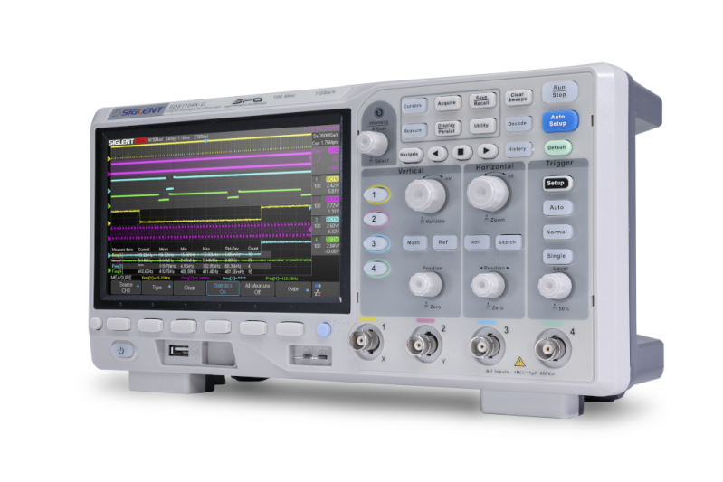 Siglent SDS1104X-U running four channels with the measurement statistics table on screen