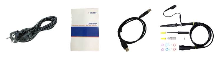 The accessories supplied with the SDS1052DL+: mains lead, quick start guide, USB cable and a PB470 passive probe with its accessory kit