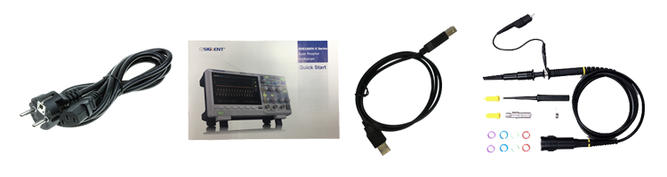 Standard accessories supplied with the Siglent SDS1000X-E: power cord, quick start guide, USB cable and probe with accessory kit