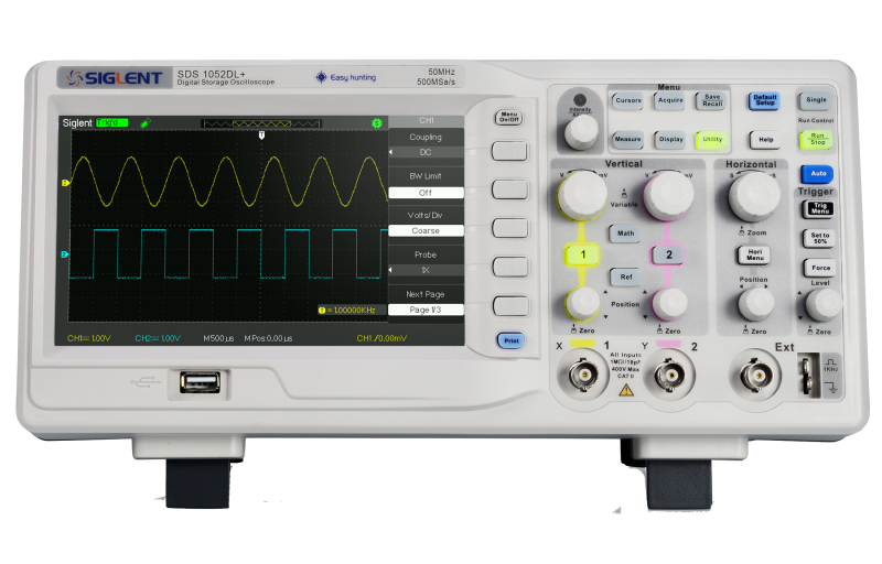 Front panel of the Siglent SDS1052DL+ two-channel oscilloscope