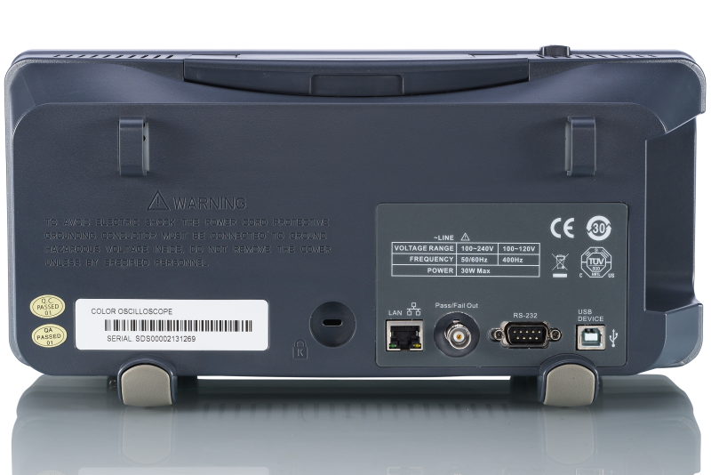 Rear panel of the Siglent SDS1052DL+ showing the LAN port, pass/fail output, a nine-pin serial connector and the USB device port