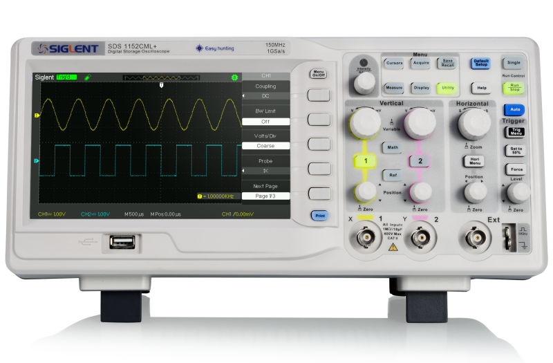 Front panel of a Siglent SDS1000CML+ series two-channel oscilloscope