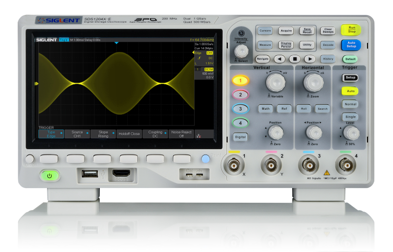Front panel of the Siglent SDS1204X-E four-channel oscilloscope