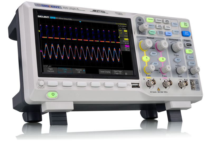 Siglent SDS1202X-E displaying colour-graded persistence on two channels