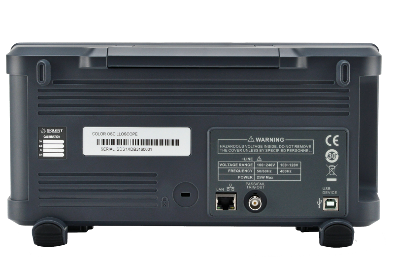 Siglent SDS1000X-E rear panel with LAN, pass/fail trigger out and USB device ports