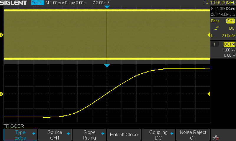 SDS1202X-E screenshot: 14 Mpts acquisition at 1 ms per division with a zoom window at 2 ns per division