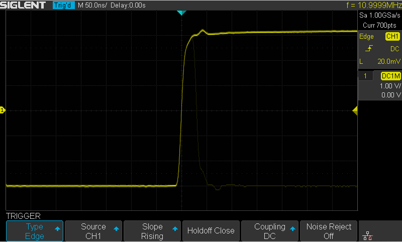 SDS1202X-E screenshot: 700-point acquisition at 50 ns per division showing a single pulse