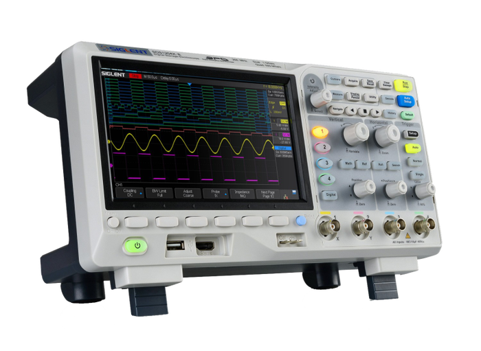 Siglent SDS1000X-E four-channel oscilloscope, front three-quarter view
