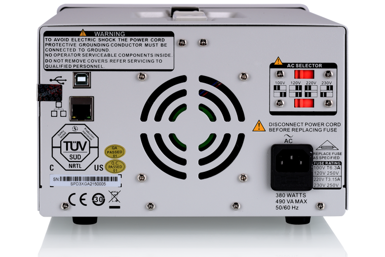 Siglent SPD3303X rear panel with LAN, USB, cooling fan, AC voltage selector and fused inlet