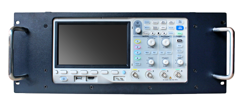 A four-channel Siglent oscilloscope installed in the SDS1000X-E-RMK 19-inch rack shelf