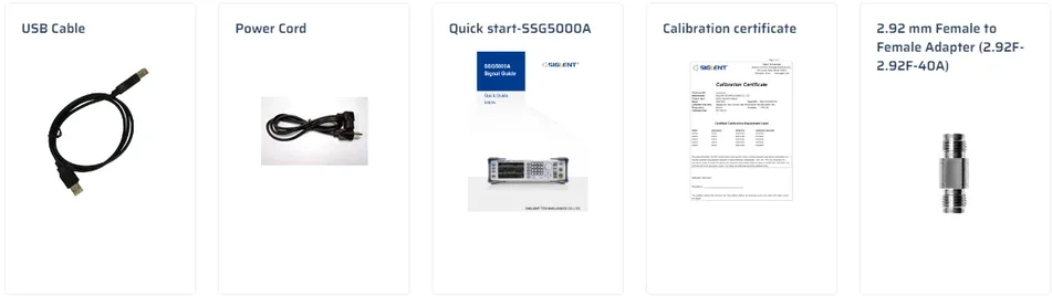Standard accessories supplied with the Siglent SSG5000A: USB cable, power cord, quick start guide, calibration certificate and 2.92 mm female-to-female adapter
