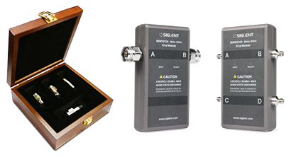 Siglent VNA calibration kits — a mechanical OSLT kit in its case beside two-port and four-port SEM5000A electronic calibration modules