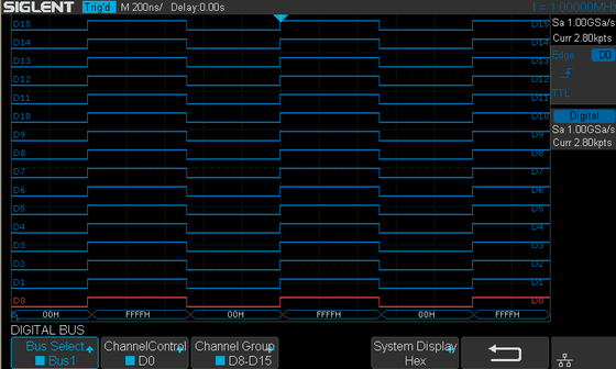 Siglent SLA1016 digital channels shown on an oscilloscope