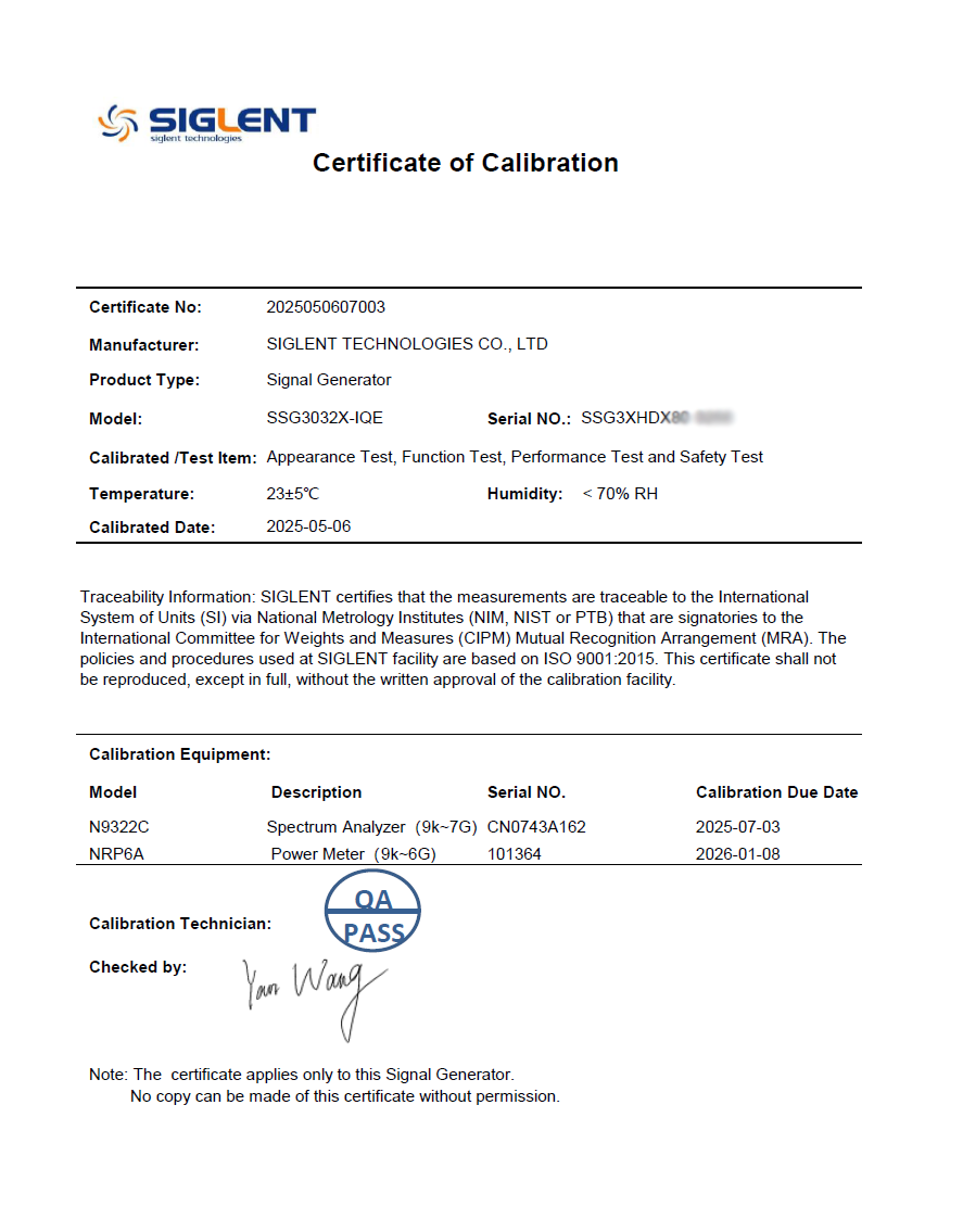 Calibration certificate