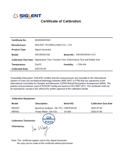 Example Siglent factory ISO calibration certificate