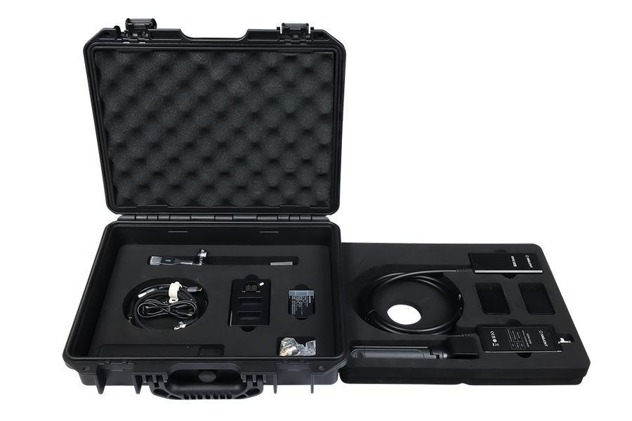 The Siglent ODP6000B series hard transport case, open, with cut foam holding the probe and its accessories