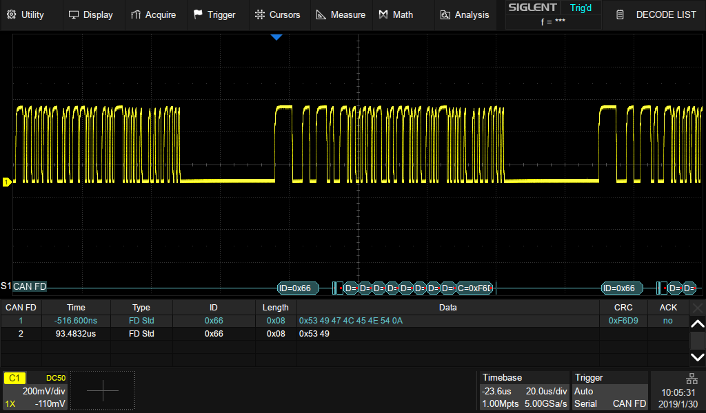SDS-5000X-CANFD — CAN FD trigger & decode