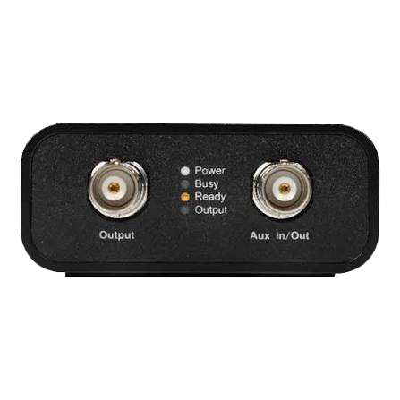 SAG1021I front panel: Output BNC, Aux In/Out BNC and the Power, Busy, Ready and Output status LEDs