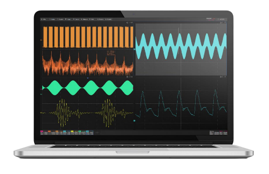 SigScopeLab running on a laptop showing multiple oscilloscope waveforms