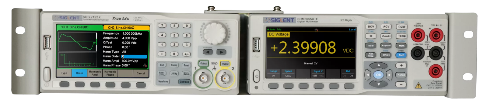 Siglent SDG2122X waveform generator and SDM3055X-E multimeter mounted side by side in an SDG-2-RMK dual rack mount kit