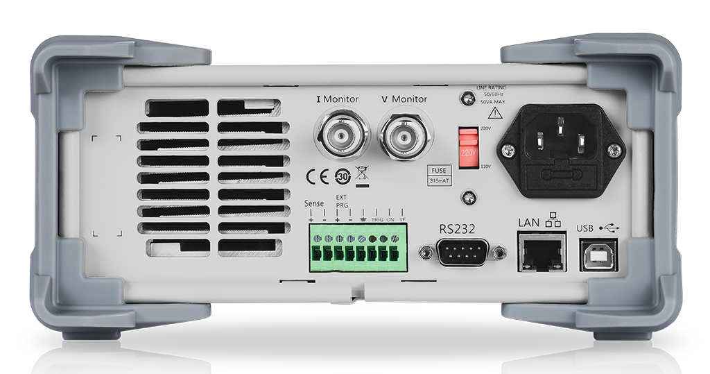 Siglent SDL1000X rear panel showing RS232, USB, LAN, sense and analog terminals