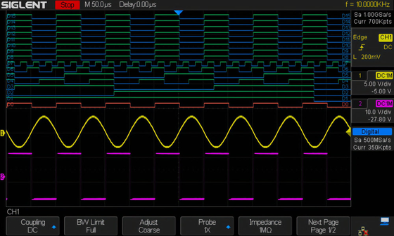 Siglent SPL2016 digital channels shown on an oscilloscope