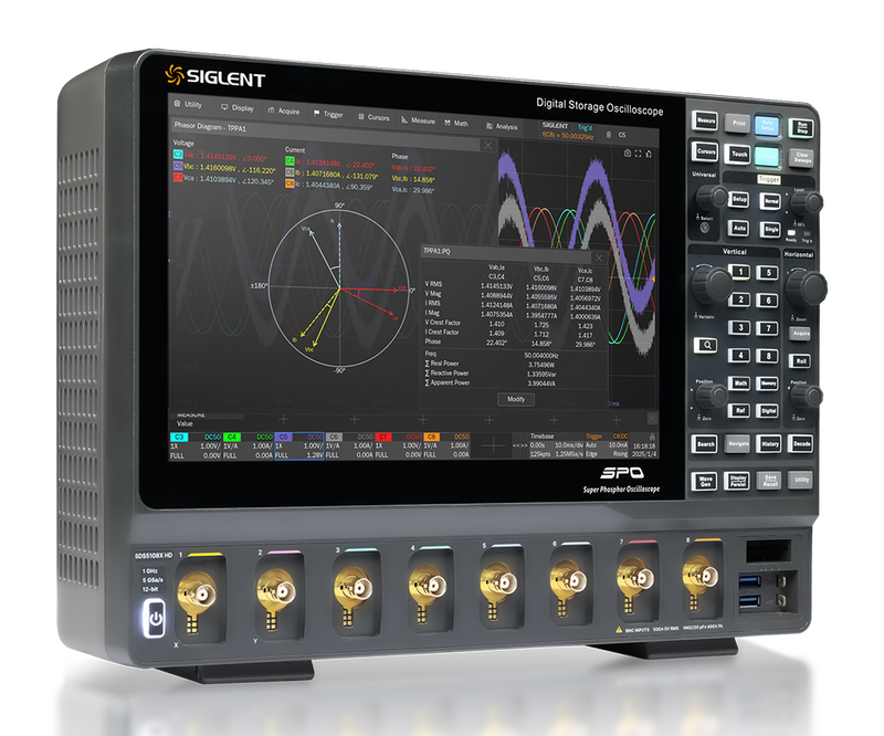 Siglent SDS5000X HD oscilloscope, three-quarter, left