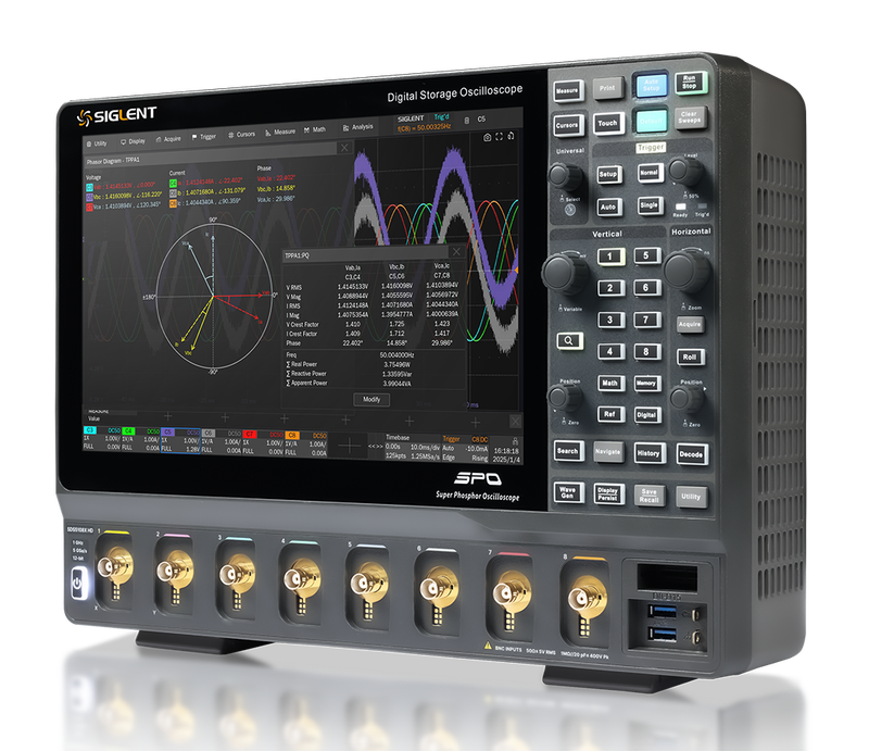 Siglent SDS5000X HD oscilloscope, three-quarter, right