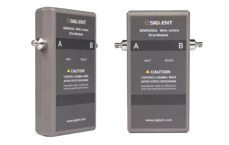 Siglent SEM5002A ECal module, front panel showing ports A and B and the WAIT and READY indicators
